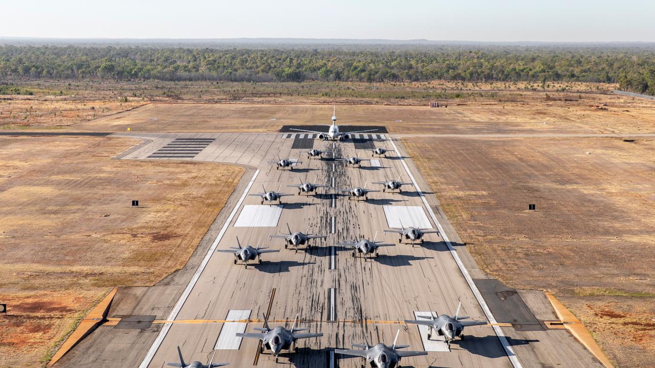 Aircraft from the Royal Australian Air Force and United States Marine Corps participate in an Elephant Walk on the RAAF Base Tindal.