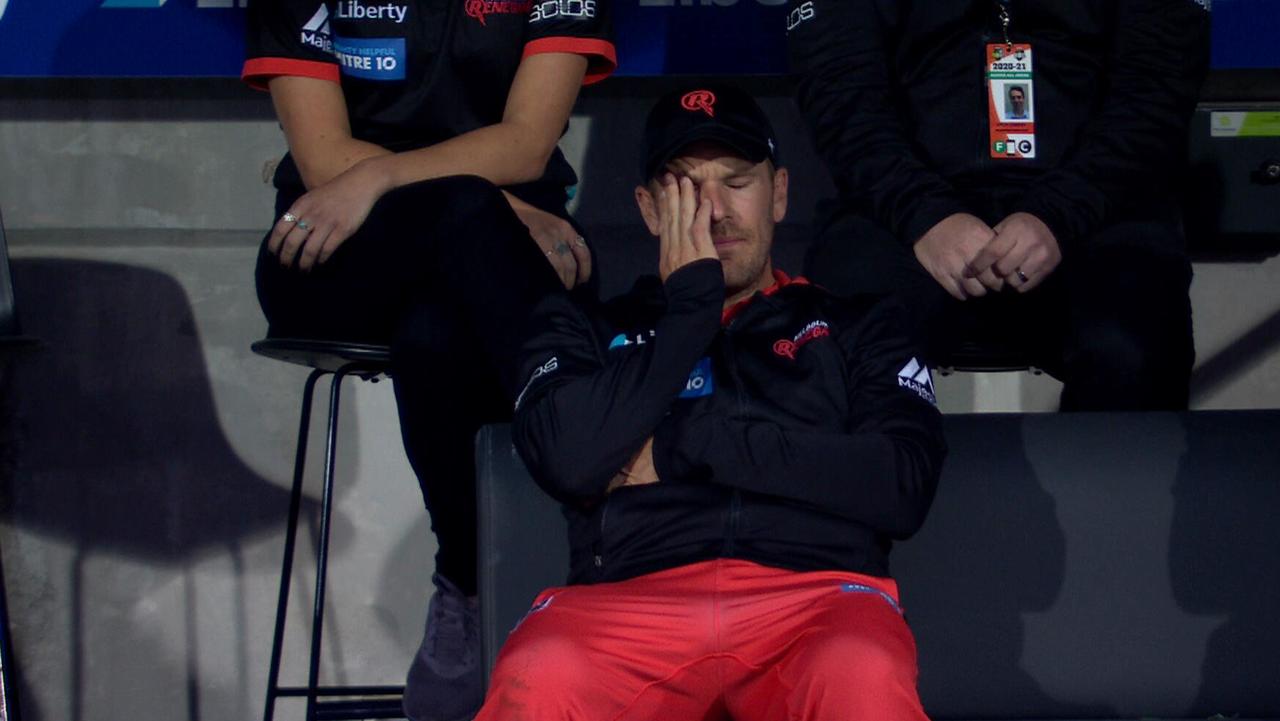 Aaron Finch reacts after rejoining his team in the stands