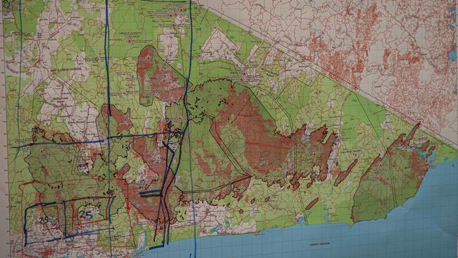 A map showing Victoria’s bushfires is seen at the Bairnsdale relief and co-ordination centre. Picture: Jason Edwards