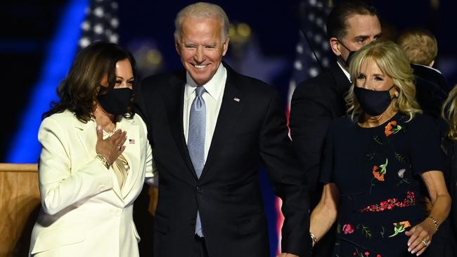 Kamala Harris, left, Joe Biden and wife Jill Biden in Wilmington, Delaware, on Sunday. Picture: AFP