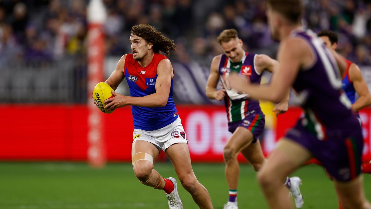 PERTH, AUSTRALIA – JULY 29: Luke Jackson of the Demons in action during the round 20 AFL match between the Fremantle Dockers and the Melbourne Demons at Optus Stadium on July 29, 2022 in Perth, Australia. (Photo by Paul Kane/Getty Images)