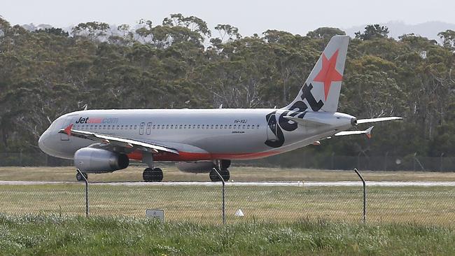 Passengers from Brisbane arrive on Jetstar flight JQ759 at Hobart Airport as Tasmania opened its borders today. Picture: Zak Simmonds