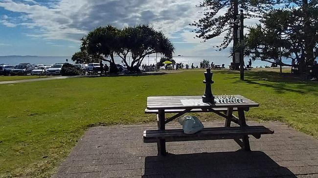 A chess board set up at Apex Park, Byron Bay on June 17. Picture: Peter Hanna