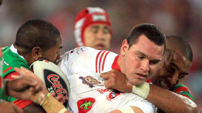 Saints' Jason Ryles tackled during the South Sydney Rabbitohs v St George Illawarra Dragons Charity Shield NRL trial match at ANZ Stadium, Olympic Park, Homebush, Sydney.