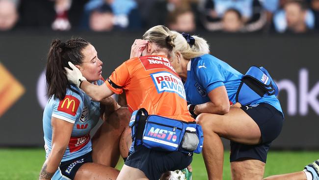 Isabelle Kelly has been cleared of serious damage to her throat following an ugly collision in Thursday’s women’s State of Origin opener. Picture: Matt King/Getty Images