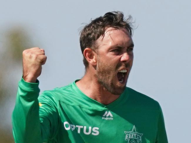 Glenn Maxwell of the Stars is congratulated by his teammates after dismissing D'Arcy Short of the Hurricanes during the Big Bash League (BBL) match between the Hobart Hurricanes and the Melbourne Stars at Ted Summerton Reserve in Moe, Sunday, December 22, 2019. (AAP Image/Scott Barbour) NO ARCHIVING, EDITORIAL USE ONLY, IMAGES TO BE USED FOR NEWS REPORTING PURPOSES ONLY, NO COMMERCIAL USE WHATSOEVER, NO USE IN BOOKS WITHOUT PRIOR WRITTEN CONSENT FROM AAP