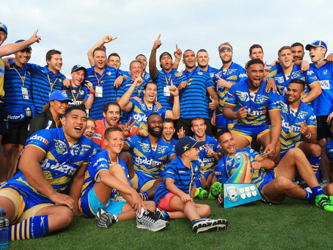 The Eels celebrate their win after the 2016 Auckland Nines final against the Warriors at Eden Park. Picture: Mark Evans