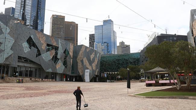 Federation Square was deserted on Sunday ahead of the shutdown. Picture Robert Cianflone