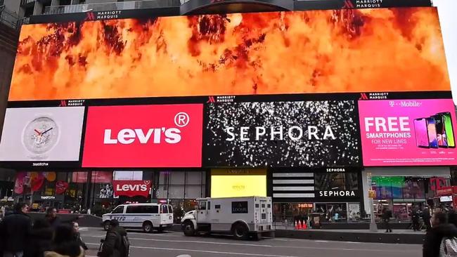 The RFS has thanked Australian and US firefighters with a massive billboard video shown in Times Square in New York City.