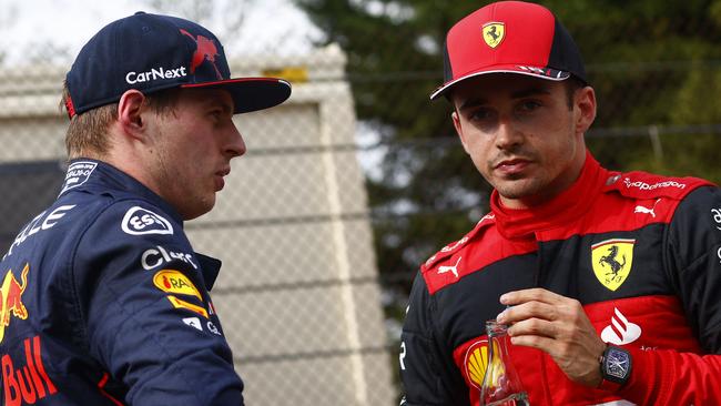 One to watch ... Ferrari's Monegasque driver Charles Leclerc (right) talks to Red Bull Racing's Dutch driver Max Verstappen. Picture: AFP