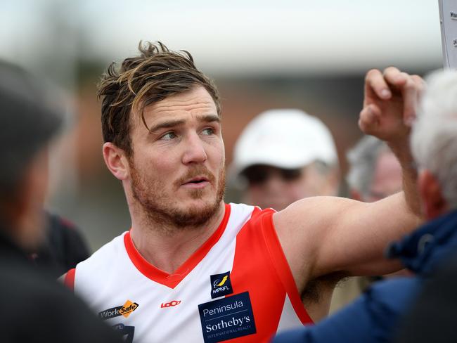 Seaford coach Luke Tapscott at quarter time during the MPNFL Division 1 football match between Seaford and Sorrento in Seaford, Saturday, Aug. 4, 2018. Picture: Andy Brownbill