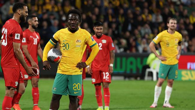 Nestory Irankunda awaits to take a penalty for the Socceroos in Australia’s 5-0 win over Palestine. Picture: Paul Kane/Getty Images