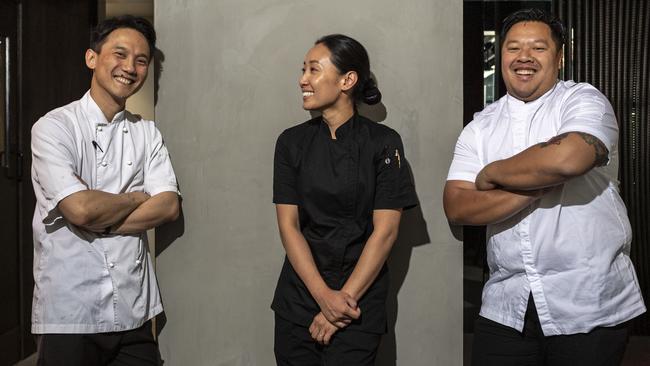 Lily Mu’s head chef Songthum Kumponthanatat, pastry chef Emi Echizenya and executive chef Brendan Fong. Picture: Monique Harmer