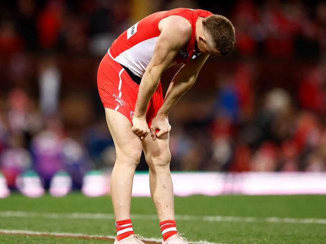 SYDNEY, AUSTRALIA - JULY 28: Chad Warner of the Swans looks dejected after a loss during the 2024 AFL Round 20 match between the Sydney Swans and the Western Bulldogs at The Sydney Cricket Ground on July 28, 2024 in Sydney, Australia. (Photo by Michael Willson/AFL Photos via Getty Images)