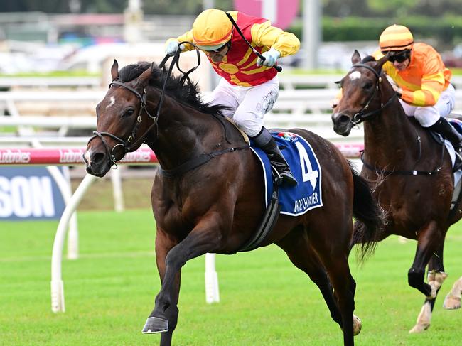 The Annabel and Rob Archibald-trained gelding Depth Of Character crosses the winning post in the $350,000 Group 2 Queensland Guineas (1600m)  at Eagle Farm on Saturday, May 3, 2025. Picture: Grant Peters / Trackside Photography