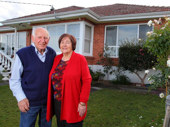 Shane Howard’s parents, including his late dad Bert and mum Pat Howard, in front of their Newnham home.