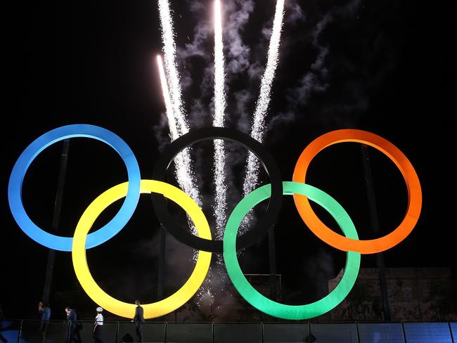 RIO DE JANEIRO, BRAZIL - MAY 20: The Olympic Rings are unveiled at a ceremony at Madureira Park May 20, 2015 in Rio de Janeiro, Brazil. (Photo by Matthew Stockman/Getty Images)