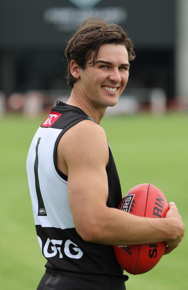 Connor Rozee in the No. 1 jumper at Alberton Oval on Monday. Picture: NCA NewsWire/David Mariuz