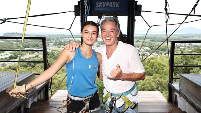 Jump master Shai Baller with the godfather of bungy jumping, AJ Hackett, at Skypark Cairns. Picture: Brendan Radke