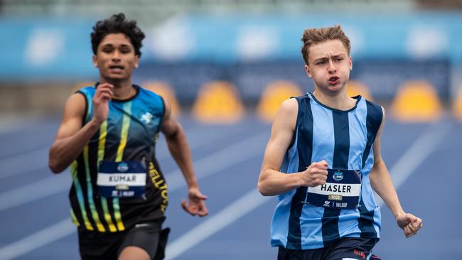 Cody Hasler from Picton High School winning the boys 200m 16 years final.