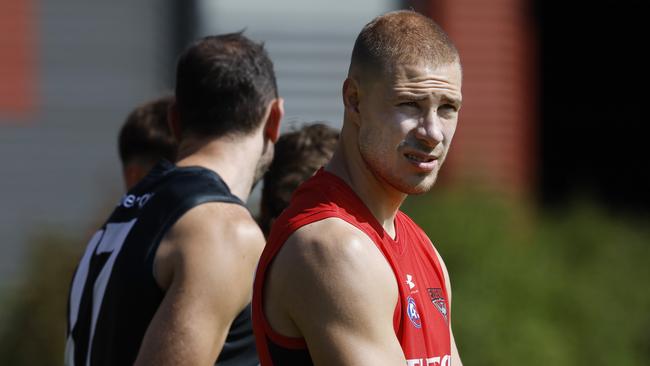 MELBOURNE, AUSTRALIA. February 8, 2024. Essendon AFL training at the Hangar, Tullamarine. Ben McKay during todays training session. Pic: Michael Klein