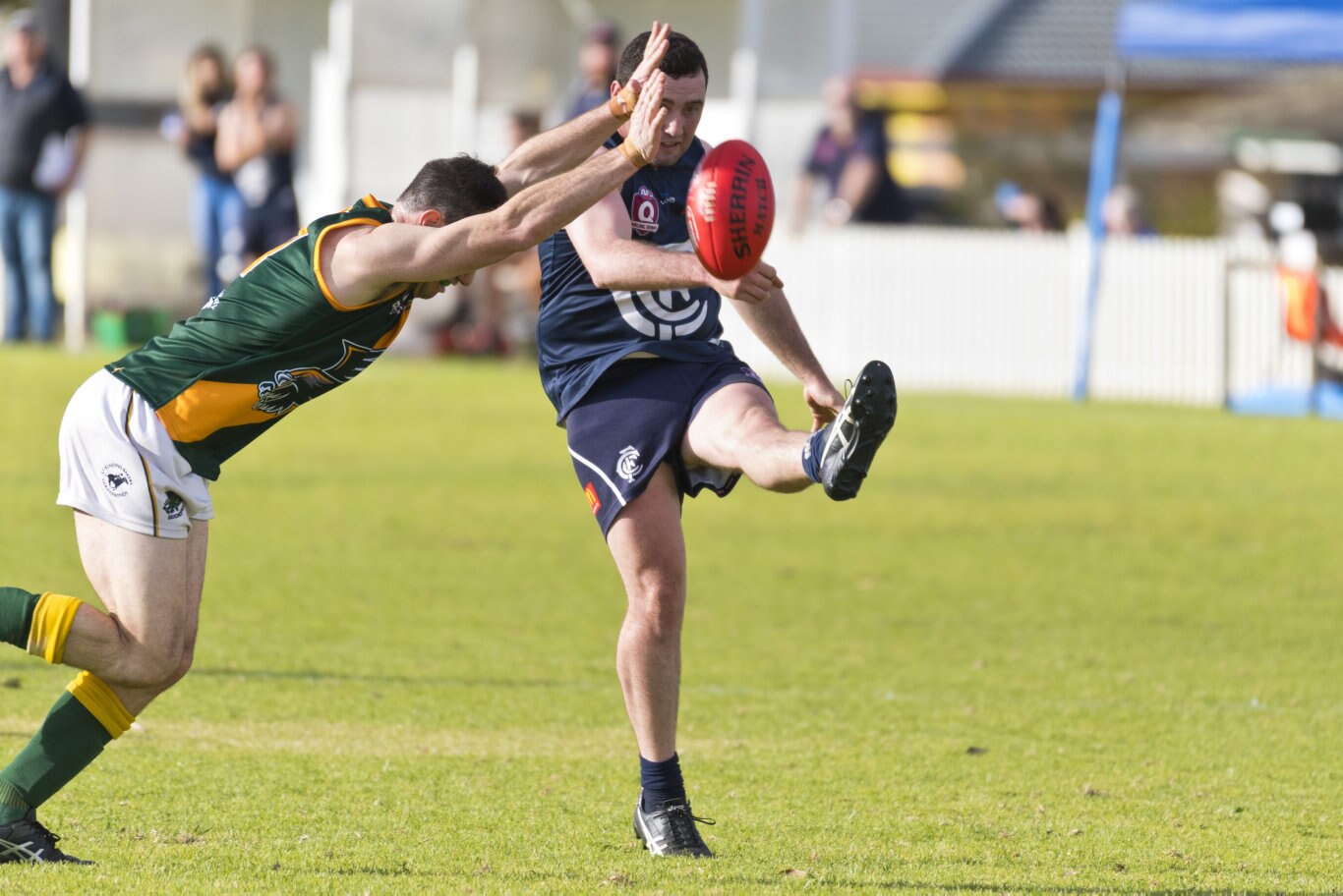 Adam Green kicks for the Coolaroo goal in the match against Goondiwindi in AFL Darling Downs round one at Rockville Oval, Saturday, July 11, 2020. Picture: Kevin Farmer