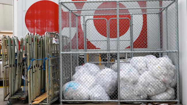 Woolworths and Coles took on responsibility for the stockpiled soft plastic earlier this year, believed to be more than 12,000 tonnes in size. Picture: NCA NewsWire / Ian Currie