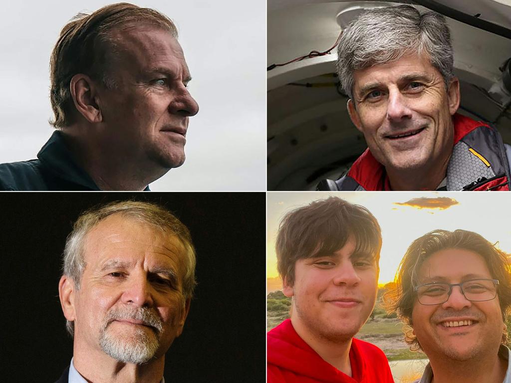 Titan submersible passengers (L-R, top to bottom) Hamish Harding, Stockton Rush, Paul-Henri Nargeolet, and Suleman Dawood and his father Shahzada Dawood. Picture: AFP