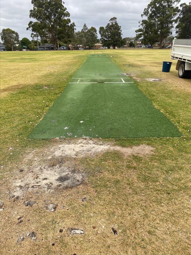 The damaged cricket pitch at Thurina Park in Villawood. Picture: Supplied