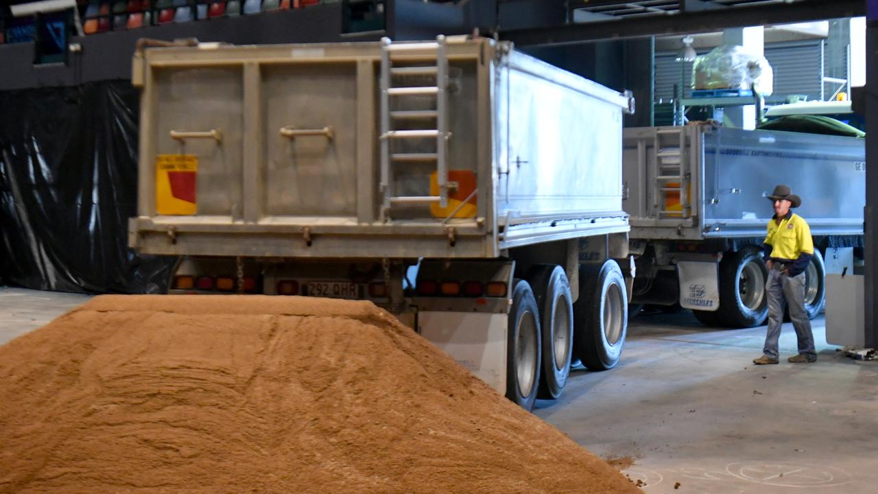 PBR operations manager Joel Catanzaro with the first load of dirt ahead of the PBR finals. He describes the soil as a “special brew” designed to reduce the impact of bullriders’ rough landings. Picture: Evan Morgan