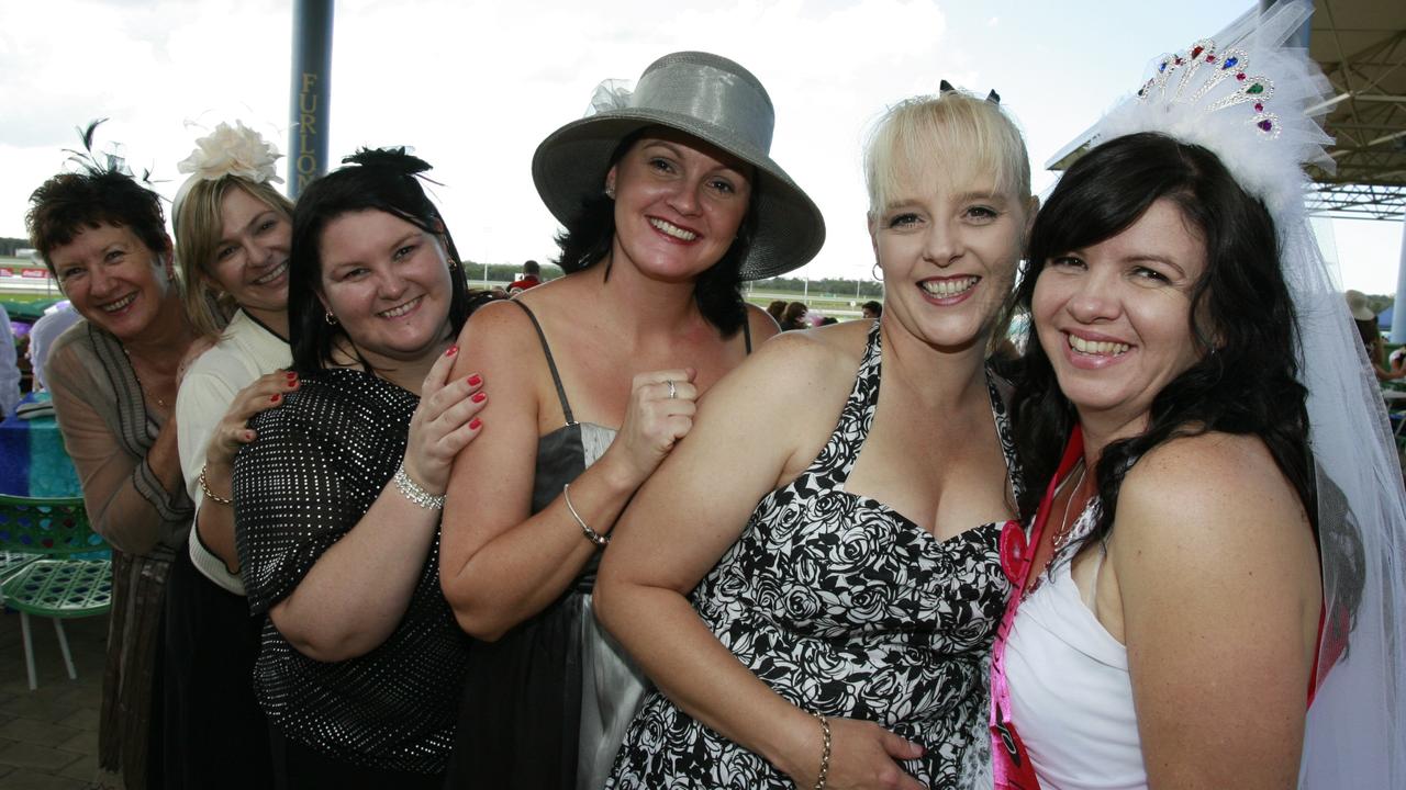 Bride day at the races for Kelly Rae (right) with bridal party (L-R) Shirley Rae, Karen Woodford, Leanne Rae, Rebecca Bass and Rae Sharpe in 2009. Picture: Barry Leddicoat