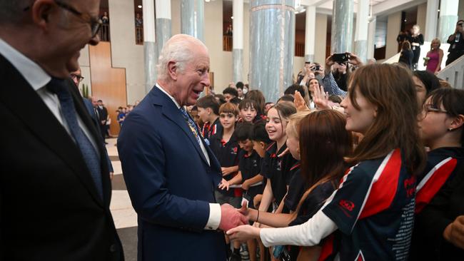 King Charles III attends the ceremonial welcome and Parliamentary reception at the Australian Parliament House on October 21, 2024, in Canberra, Australia. Picture: Victoria Jones - Pool/Getty Images