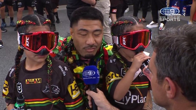 Penrith prop Moses Leota with his daughters. Photo: Nine.