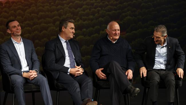 Stephen Galilee NSW Minerals Council chief executive, Campbell Mason, NSW Ports, Roger Fletcher, founder Fletcher International Exports and Bill Calabria, Calabria Family Wines at The Daily Telegraph Bush Summit 2022 at the Griffith Regional Theatre. Picture: Jonathan Ng