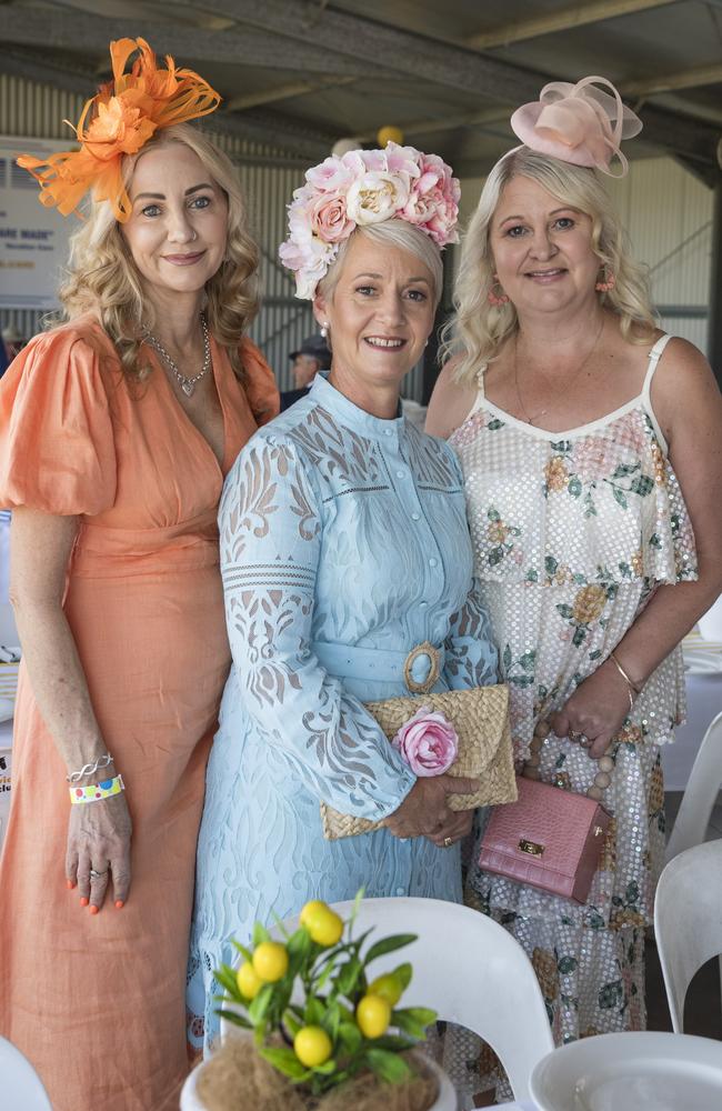 At Warwick Cup race day are (from left) Tabitha McDonnell, Michelle Spence and Louise Cartwright at Allman Park Racecourse, Saturday, October 14, 2023. Picture: Kevin Farmer