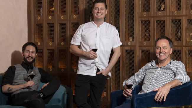 Bar manager Jacob Wicks, head chef Alex Keene and restaurant manager Richard Kemp kick back at Sarino’s. Picture: Monique Harmer