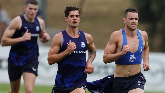 Jy Simpkin and Luke Davies-Uniacke push through pre-season. Picture: Michael Klein