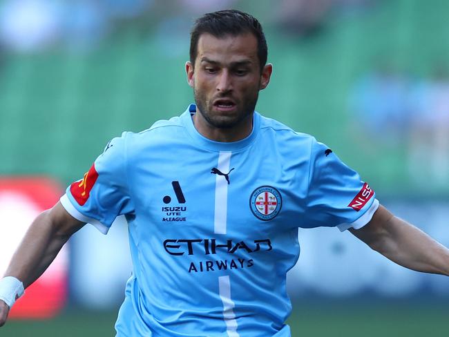 MELBOURNE, AUSTRALIA - DECEMBER 15: Andreas Kuen of Melbourne City in action during the round eight A-League Men match between Melbourne City and Auckland FC at AAMI Park on December 15, 2024 in Melbourne, Australia. (Photo by Graham Denholm/Getty Images)