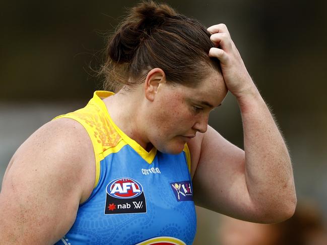 MELBOURNE, AUSTRALIA - FEBRUARY 27: Sarah Perkins of the Suns reacts after missing a set shot at goal in the dying seconds during the 2022 AFLW Round 08 match between the St Kilda Saints and the Gold Coast Suns at Trevor Barker Oval on February 27, 2022 In Melbourne, Australia. (Photo by Dylan Burns/AFL Photos via Getty Images)