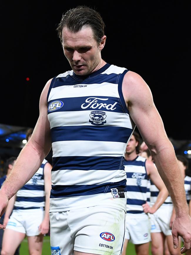 Patrick Dangerfield walks off after the loss to Brisbane. Picture: Albert Perez/AFL Photos