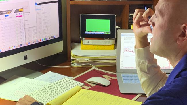 NYSE trader Jay Woods works from home, with the trading floor closed. Picture: AP