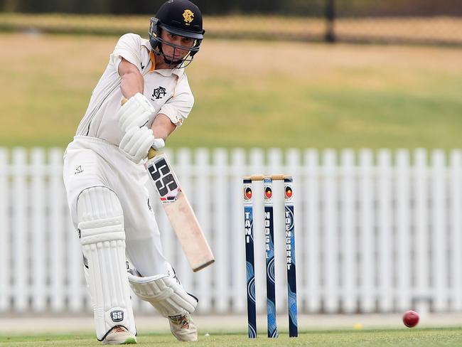 Campbell Vadlja drives during his debut hundred for Monash Tigers. Picture: Andy Brownbill