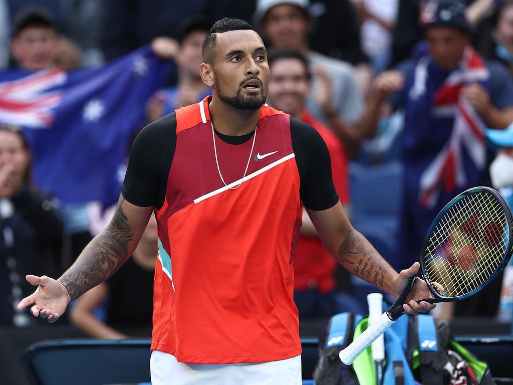 Nick Kyrgios reacts as the crowd goes wild at John Cain Arena during his first round singles match against Liam Broady at the Australian Open. Picture: Cameron Spencer/Getty Images