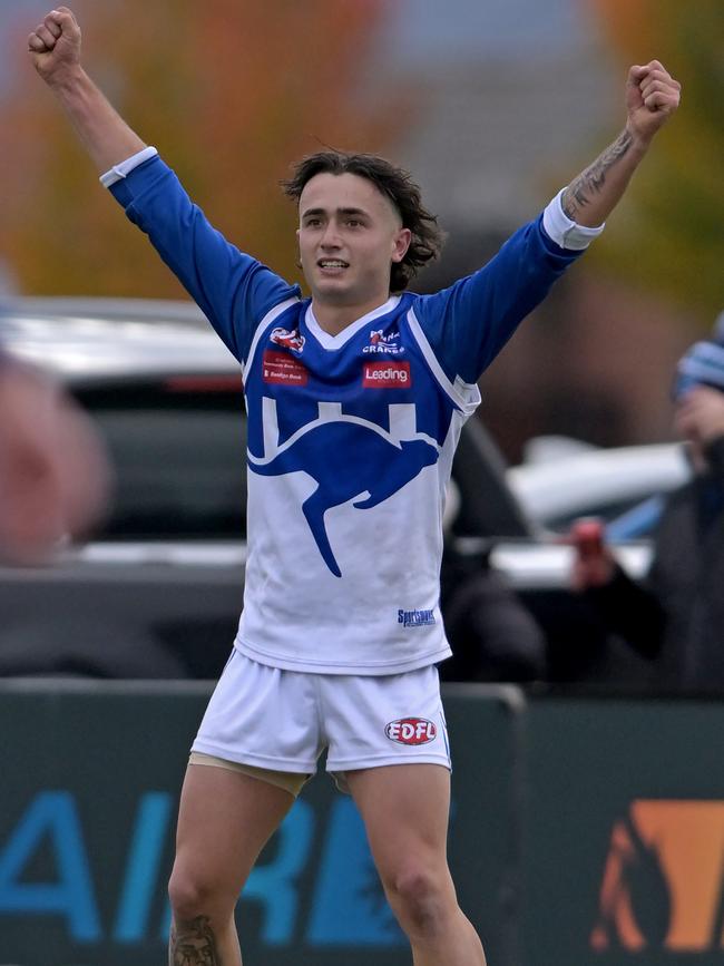 EDFL: Sunbury Kangaroos’ Brody Watts celebrates a goal. Picture: Andy Brownbill