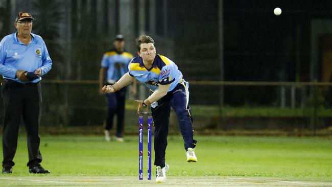 Far North Fusion bowler Will Robinson in action in the Queensland Bulls Masters Country Challenge cricket match between the Far North Fusion and the Darling Downs Suns, held at Griffiths Park. Picture: Brendan Radke