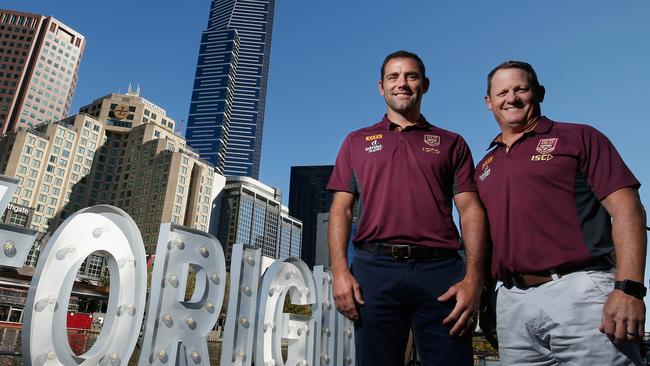 Smile! Maroons captain Cameron Smith and coach Kevin Walters pose for a photo during the 2018 State of Origin launch in Melbourne. (Darrian Traynor/Getty Images)