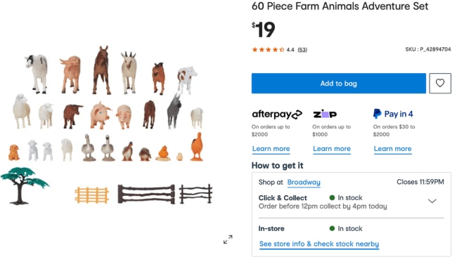 The farm animals toy set is on sale for $19. Image: Kmart