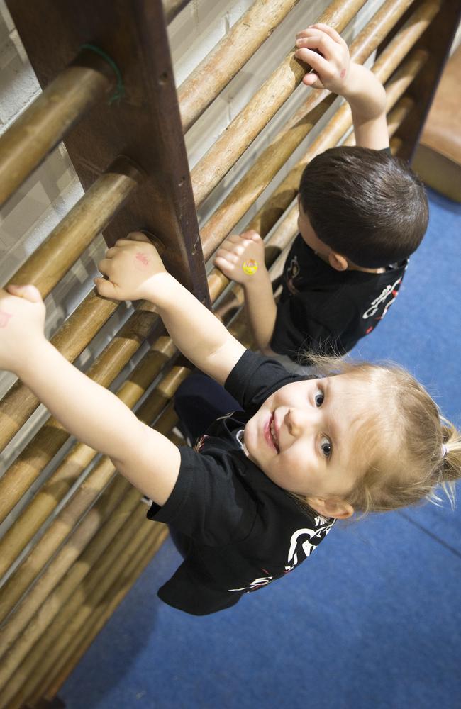 Indie Grgic, 3, and Ben Devlin, 3, learn to become mini ninja warriors at Bankstown YMCA. Picture: Melvyn Knipe