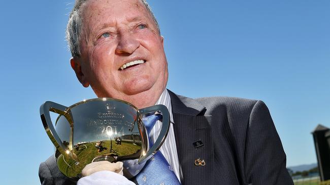 Emirates Melbourne Cup at Morphettville. Two-time Melbourne Cup winning jockey John Letts with Wendy Green who was a co-owner of the 1999 Melbourne Cup winner Rogan Josh. Photo Sarah Reed