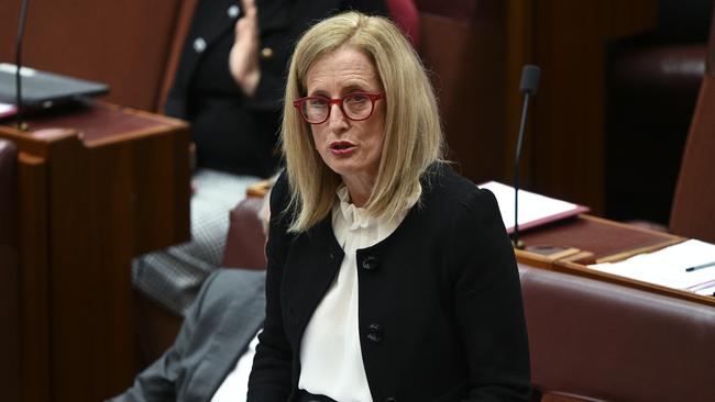 Senator Katy Gallagher makes a statement in the Senate Chamber at Parliament House in Canberra. Picture: NCA NewsWire / Martin Ollman